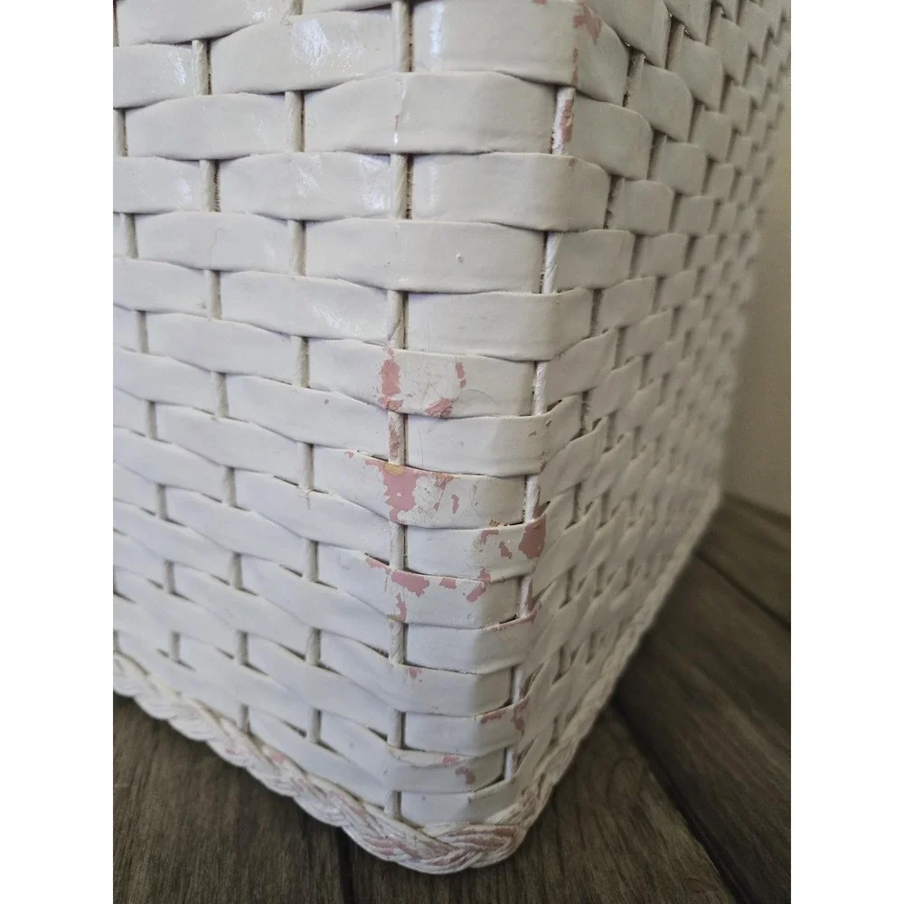 Vintage White Woven Wicker Trash Can Wastebasket Rectangle Shabby Chic MCM READ